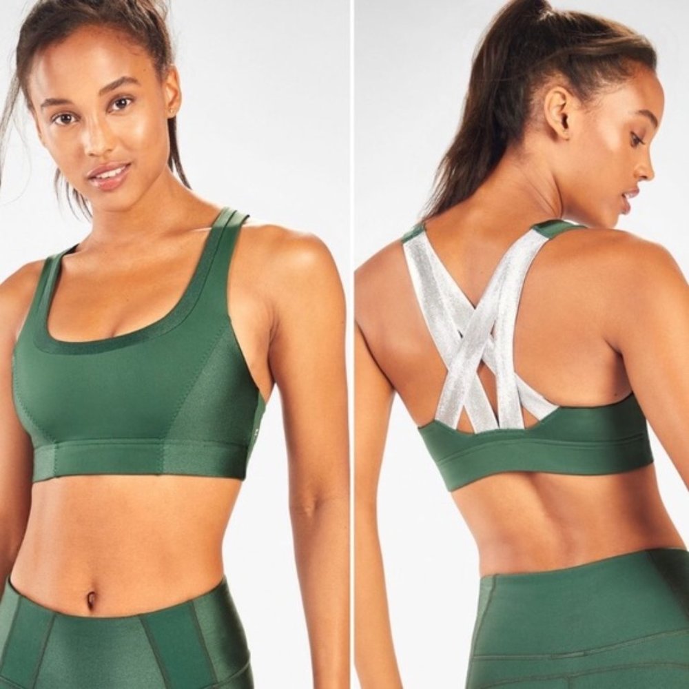 Fabletics green metallic silver strappy sports bra - Picture 5 of 5
